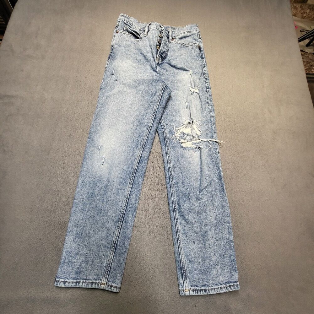 Old Navy Jeans Womens 4 Blue Straight Leg Button Fly Distressed Denim Stretch